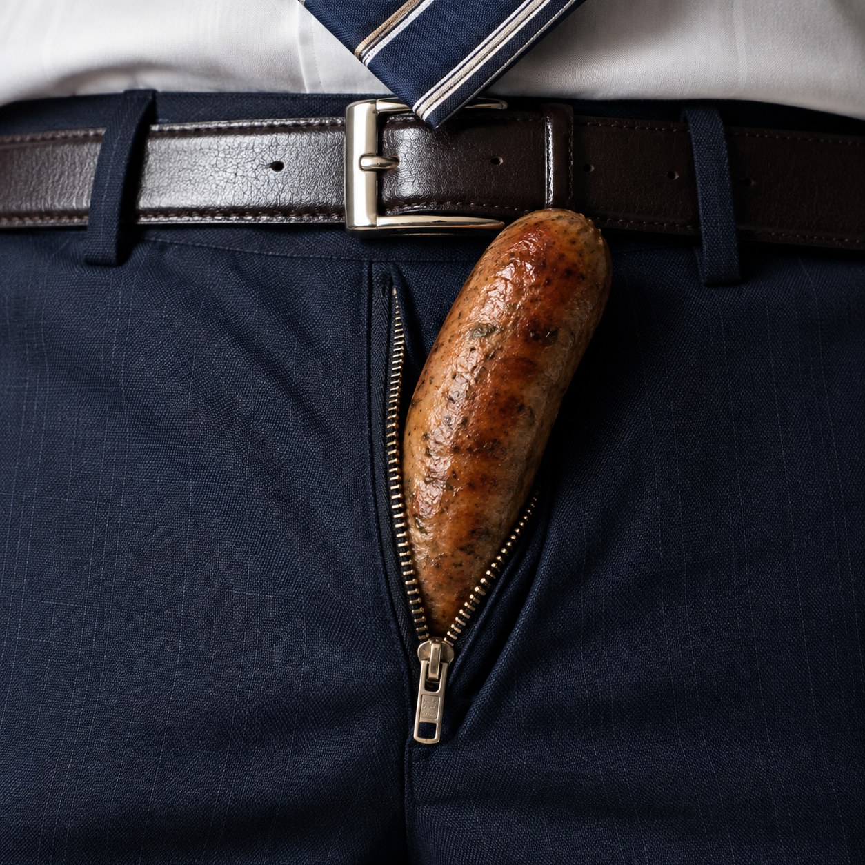 A Lincolnshire sausage humorously emerging from the zip of smart navy trousers.